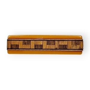 Bakelite Art Deco Bar Brooch Inlaid Marquetry Style Wood Butterscotch Vintage
